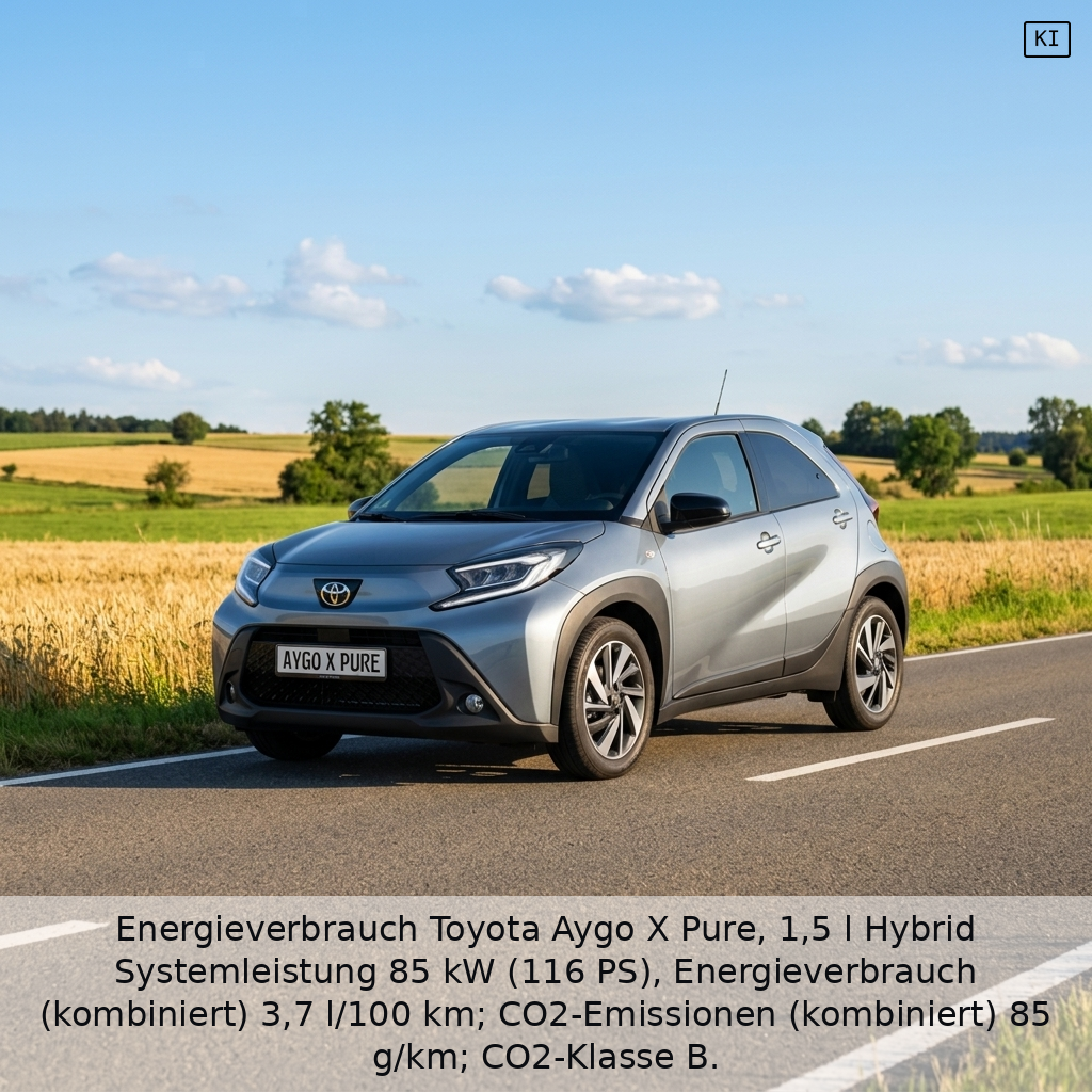 Beispielbeitrag: Toyota Aygo X, mit Pflichtangaben im Bild